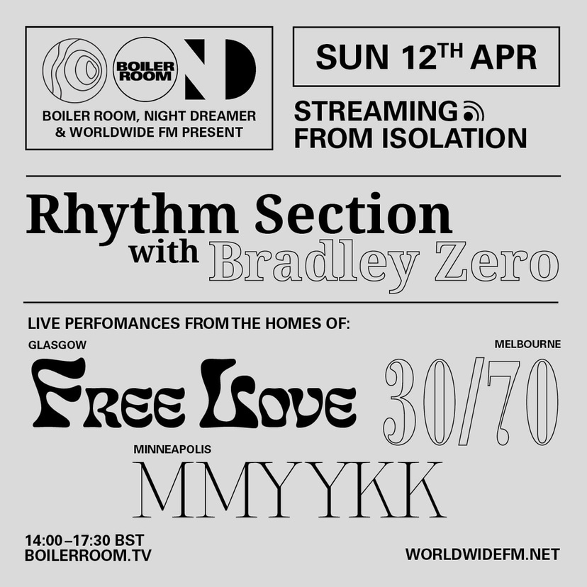 Flyer for event Streaming From Isolation with Night Dreamer & Worldwide FM: Rhythm Section.